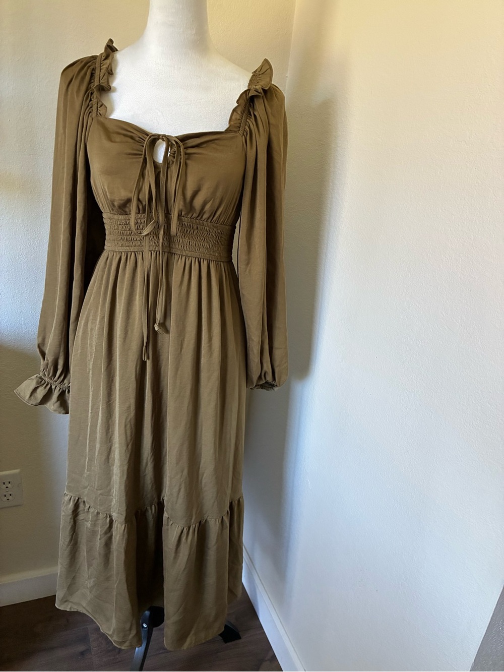 Moon River Olive Green Smocked-Waist Maxi Dress -